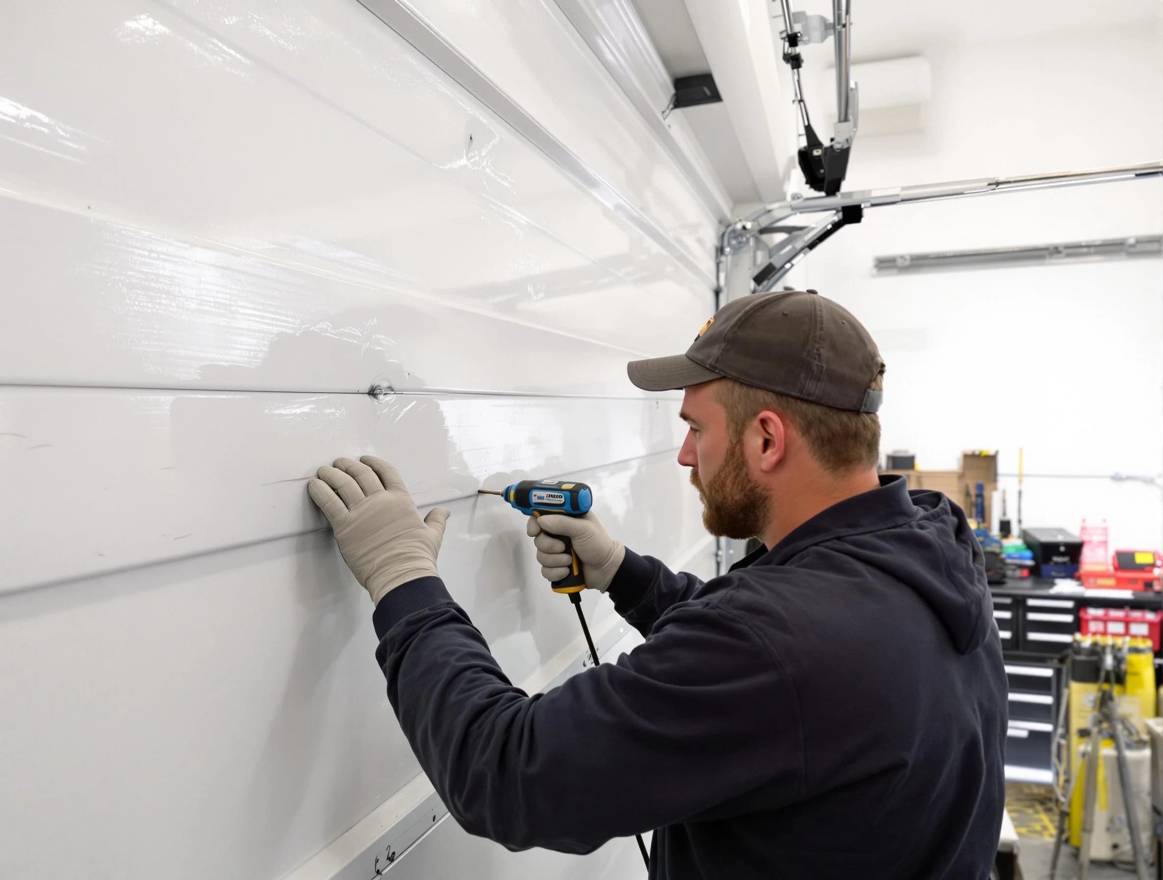 Meadowbrook Garage Door Repair technician demonstrating precision dent removal techniques on a Meadowbrook garage door